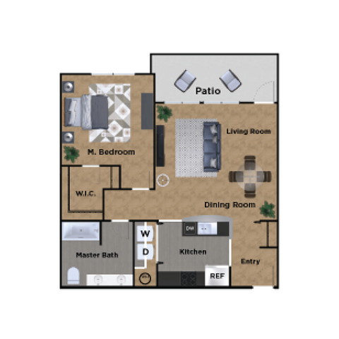 Floor plan for 1 bed, 1 bath, 772 sqft